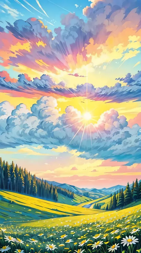 landscape, sunset, hillside covered in white and yellow daisies, the sky above is clear and bright, amazing detailed sky, big sky, amazing clouds, colored sky, detailed clouds