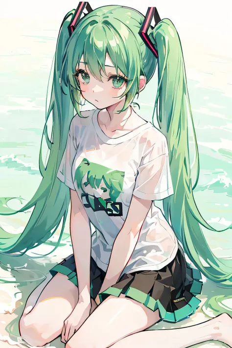 beautiful girl(Hatsune Miku(Green Hair, Twin tails), Best Quality, masterpiece, High resolution, Very detailed, Fine skin, Perfect Anatomy), White T-shirt(T-shirts that reach above the knee),  whole body, Sandy Beach, 