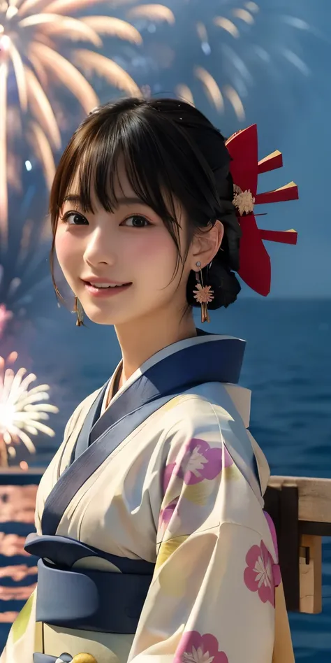 (((((Wearing a kimono、At sea、Watching fireworks)))))、(8k、RAW Photos、Best Quality、masterpiece:1.2)、Very detailed、Ultra-high resolution、(Realistic、photo Realistic:1.37)、Portraiture、High resolution raw color photos、Professional photography、So delicate and bea...