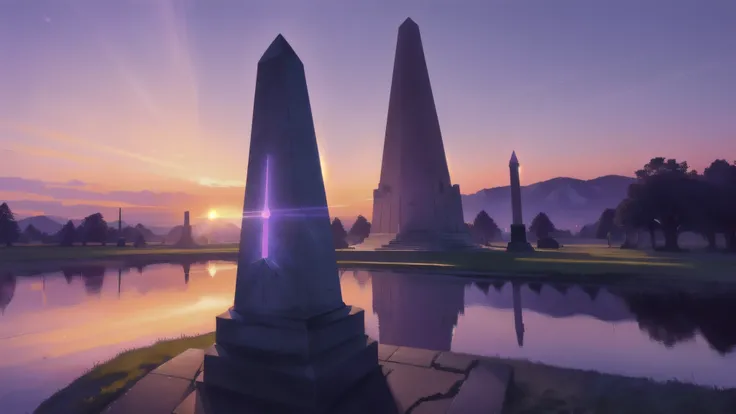 there is a large obelisk with a purple light on it, sundial, stark sunrise lighting, one point light, obelisk, obelisks, monument, quest marker, illuminating the area, light illumination at sunset, glowing ceremonial markings, blue hour lighting, spire, bl...