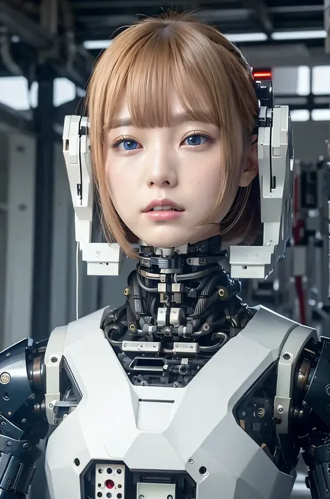 masterpiece, best quality, extremely detailed, Japaese android girl,Plump ,control panels,android,Droid,Mechanical Hand, Robot arms and legs,Blunt bangs,perfect robot girl,white robot body,mechanical neck,long tube,thick cable connected her neck,android,ro...