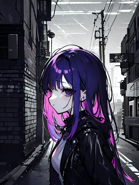 Single girl, long purple hair, eye covered by hair, black leather jacket, depressed black eyes, sharp eyes, sleepy, strong eyeshadows, neon city, looking from side, glitched