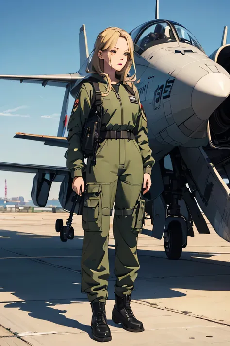 (masterpiece), best quality, expressive eyes, perfect face((best quality)), ((masterpiece)), (detailed), perfect face, airforce jumpsuit, standing, full body, front view, European, blonde, dark green uniform, jetfighter plane background,amazing sapraizz, d...