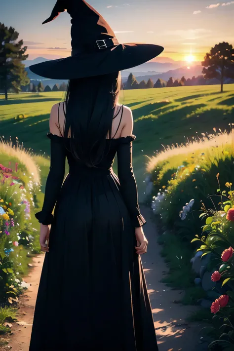 scenery, hill, trees, flowers, meadow, outdoors, sunset, from behind, long hair, black hair, black dress, long dress, bare arms, witch hat