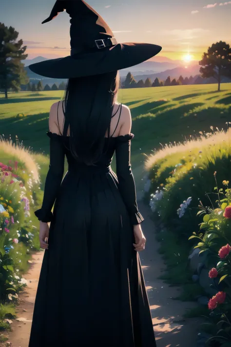 scenery, hill, trees, flowers, meadow, outdoors, sunset, from behind, long hair, black hair, black dress, long dress, bare arms, witch hat