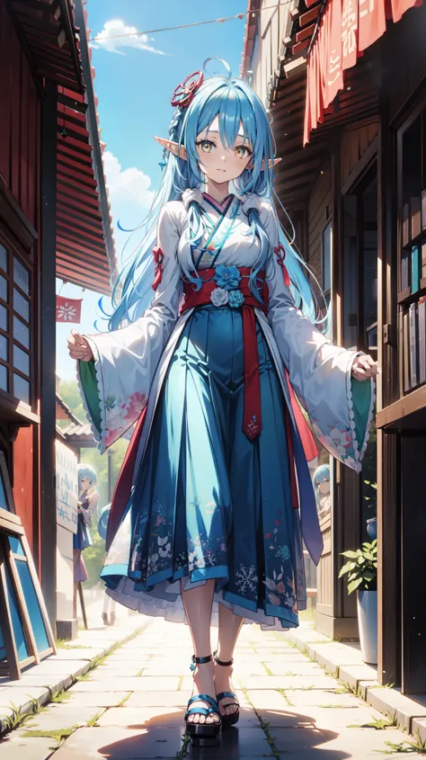 Anime Girl, Fantasy illustration, Flowing hair，Blue Japanese style long skirt，Transparent Clothes， Beautiful young elf, Dark blue hair，Medium-length hair，Special hairstyle，Shiny Shiny，Summer Festival，shop，in love，Hair Ring，Happy，Beautiful fantasy anime, 闪亮...