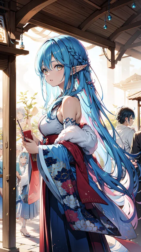 Anime Girl, Fantasy illustration, Flowing hair，Blue Japanese style long skirt，Transparent Clothes， Beautiful young elf, Dark blue hair，Medium-length hair，Special hairstyle，Shiny Shiny，Summer Festival，shop，in love，Hair Ring，Happy，Beautiful fantasy anime, 闪亮...