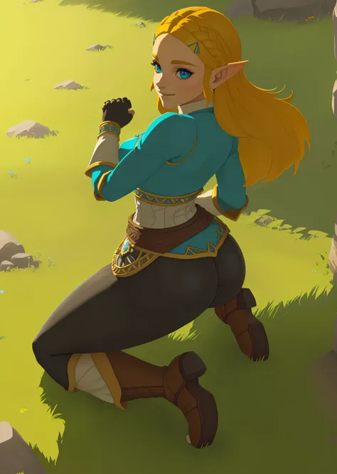 [princess zelda], [botw style], ((masterpiece)), ((HD)), ((high res)), ((solo portrait)), (((back view)), (detailed shading)), ((cute cartoon asthetic)), ((solo portrait)), ((front view)), ((cel shading)), {(attractive figure), (yellow braded hair), (point...