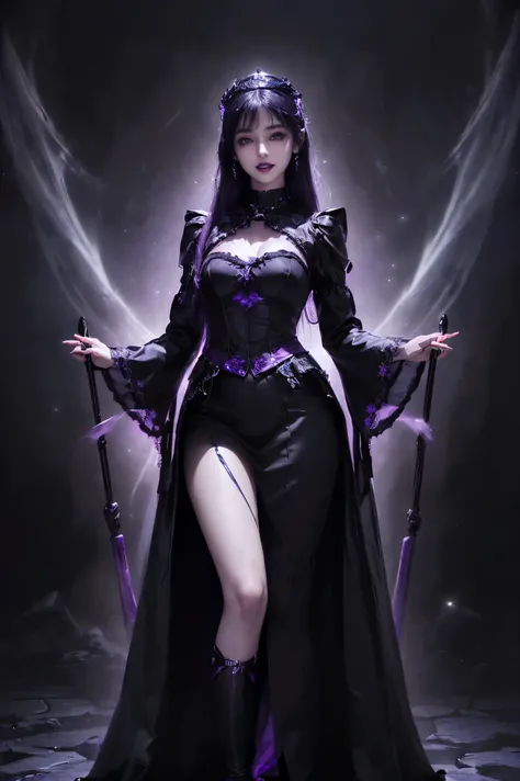 (Absurdly,high quality , Very detailed,32K、High image quality、Ultra HD)、(((Necromancer、Purple lipstick)))、(((Black costume、Black long skirt)))、(((Perfect limbs)))、(masterpiece, 最high quality, 最high quality, Official Art, Beauty and aesthetics: 1.2)、(((Stan...