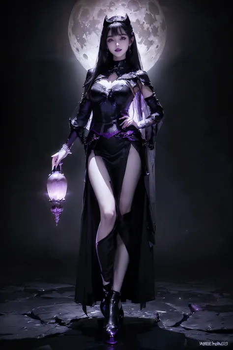 (Absurdly,high quality , Very detailed,32K、High image quality、Ultra HD)、(((Necromancer、White skin、Purple lipstick)))、(((Black costume、Black long skirt)))、(((Perfect limbs)))、(masterpiece, 最high quality, 最high quality, Official Art, Beauty and aesthetics: 1...