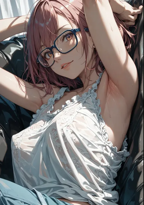 masterpiece,high quality, detailed , ,from side  1girl, , armpit , camisole, naughty, glasses , sfw