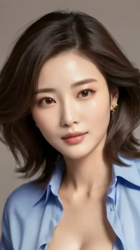 Beautiful Korean　A woman in a blue shirt taking a photo,　Thin Necklace Li Bingbing, Korean actress, Hwang Seong, Kwak Ji-yeon, Shin Min-jung, Lee Ji-eun, Lee Ji-eun, Mariko Mori, Choi Hong-hwa, Yoshitomo Nara