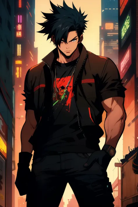 Man, spiked hair, straight hair in front, t shirt, hip hop style, gloves, cyberpunk  theme, cyberpunk, tall, standing Cabelo preto, red eyes, masterpiece, anatomically correct, High details, fingerless gloves, eletronic forniture