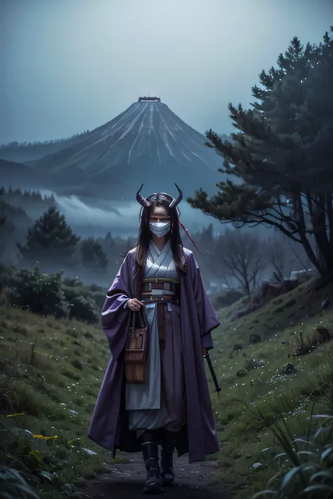 walking on a overgrown field with foggy, obscuri dark atmosphere with mountains far away behind, two female humanoid in traditional long Japanese attire with a modern twist with Katana. in the foreground is wearing a white helmet that have glowing purple X...