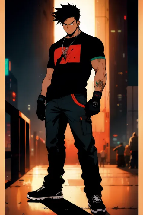 Man, spiked hair, straight hair in front, t shirt, hip hop style, gloves, cyberpunk  theme, cyberpunk, tall, standing Cabelo preto, masterpiece, anatomically correct, High details, fingerless gloves, eletronic forniture, Ultra detailed face