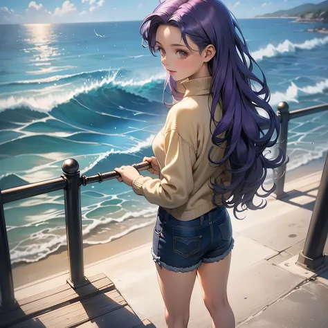 (masterpiece), best quality, 1girl, expressive eyes, perfect face, (purple hair), perfect anatomy, full body, 4k, HDR, full HD, solo, she is wearing a sweater with a sailfish print, the sweater is tight , he is wearing jean shorts, he is wearing light sand...