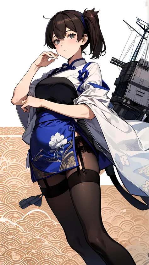 (masterpiece, highest quality) detailed, kaga (kancolle), {{kaga kai ni (kancolle)}}, side ponytail, brown eyes, black long hair...