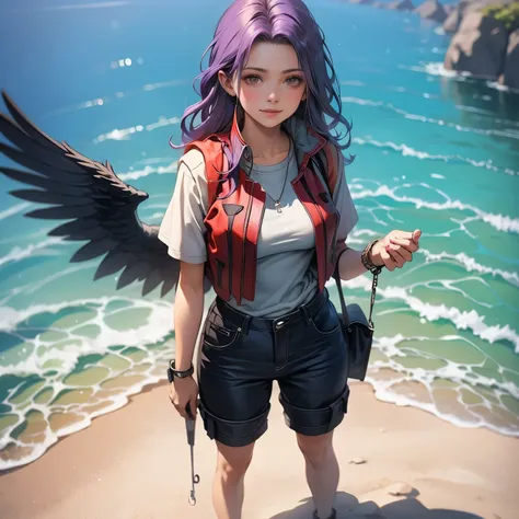 (masterpiece), best quality, 1girl, expressive eyes, perfect face, (purple hair), perfect anatomy, full body, 4k, HDR, full HD, solo, imagine a woman standing next to a calm lake, the sun shining over the water. Wear a cool, comfortable short-sleeved t-shi...