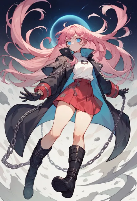 score_8, 1girl, pink hair, blue eyes, long hair, black coat, boots, chains in hips, white shirt red skirt with black stripes, bright eyes, background space, black gloves