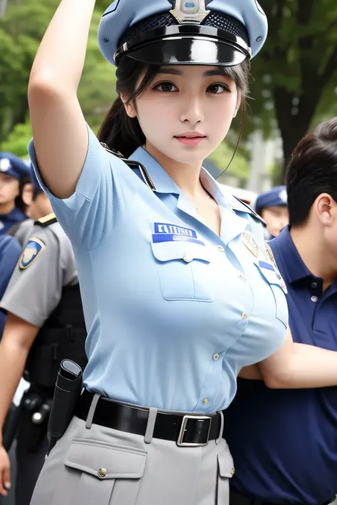 (masterpiece、Best Quality、Ultra-high resolution)、(Perfect Face、Beautiful Face、Beautiful Eyes)、policewoman、Japanese police uniform、sweat、Aiming a gun、gun、Large Breasts、A man grabs a woman&#39;s arm、The woman resists、fight、The man is a robber、Nipples、Side vi...