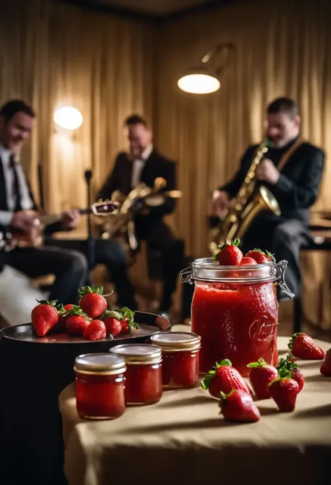 there are many jars of jam on a table with a band in the background, Strawberry Fields Forever, commercial shot, Inspired by Christian Krogh, The promotion is still, Commercial Photography, Oskar Lüthi, By Karl Voelker, photo shoot, Great composition, band...