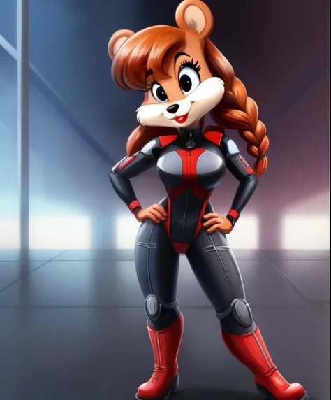 A Looney Tunes style full-body view of Julie Bruin, a female anthro bear with big eyes, red lipstick, long orange braided hair, and red lipstick. She is wearing a black widow exosuit and boots.