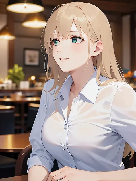 side angle,(looking away:1.5),open hands,upper body, (pale skin: 1.2), shiny skin, shiny hair、 (A 2 woman with medium-length hair and bangs) and (wavy hair) and (Blonde Hair) and (green eyes) , (white collared shirt) , smile,The background is the interior ...