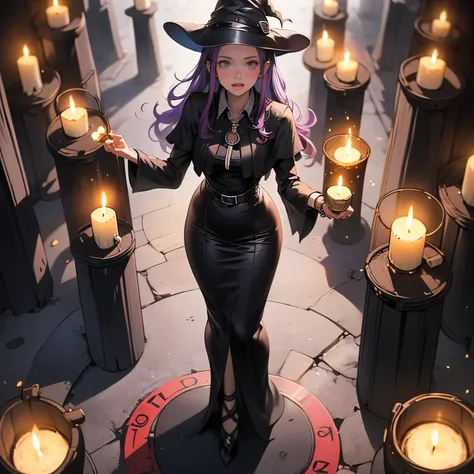 (masterpiece), best quality, 1girl, expressive eyes, perfect face, (purple hair), perfect anatomy, full body, 4k, HDR, full HD, alone, a witchs apprentice, with the characteristic clothing of a beautiful witch, the Her clothes have red and purple details, ...