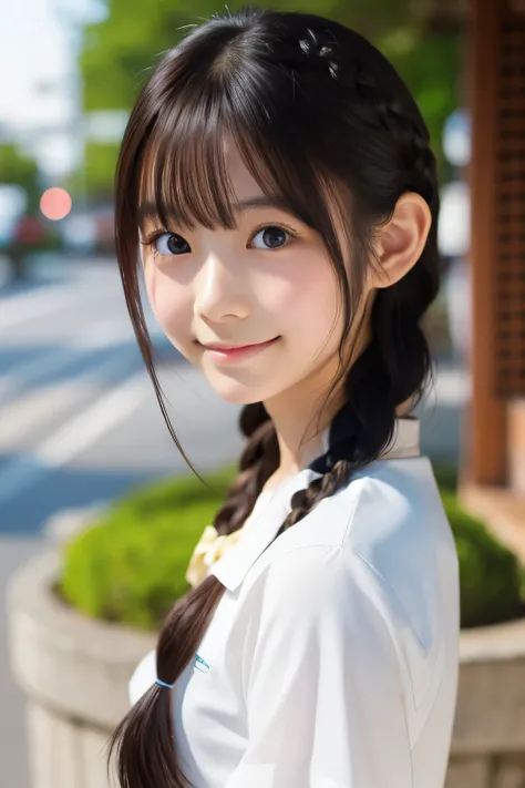 Beautiful 1 Japanese woman), Cute face, (Deeply carved face:0.7), (Freckles:0.6), Soft Light,Healthy white skin, shy, (Serious face), (Shining Eyes), thin, smile, Uniform, Braiding