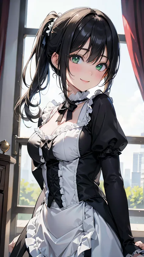 8k resolution,((Best Quality)),Ultra-high resolution,Adult women, Alone, sexy, (A teasing smile), (Lime green eyes), A beautiful, symmetrical face, (White curly short ponytail),Black maid outfit with white frills,Realistic:1.4,Realistic:1.4,(masterpiece:1....