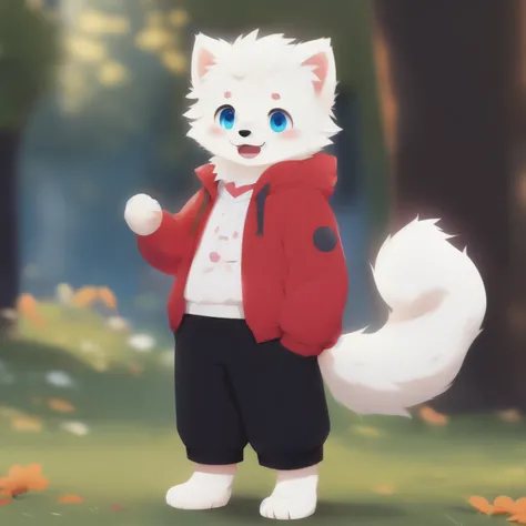 Samoyed, boy, Cuteness, blush, happy face, Blue eyes, red jacket, Standing, Barefoot,