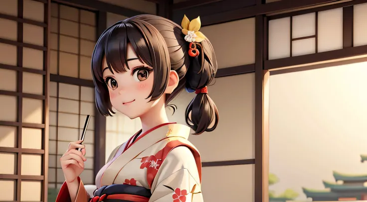 A neat and cute woman, wearing a Japanese kimono, Japanese hairstyle, wearing a koto, sleeveless, the color of the kimono is brown,