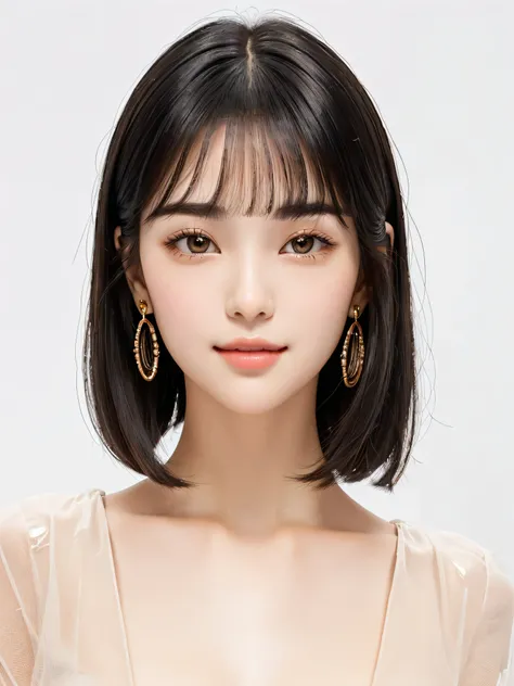 High resolution, One young girl, Japanese、Black see-through outfit、Tight skirt、chest, Black Hair、Inward-curving oval short bob hair、Bangs that cover half of the forehead、Dark brown pupils、Eyelids open in a circular pattern、Open your eyes wide enough to see...