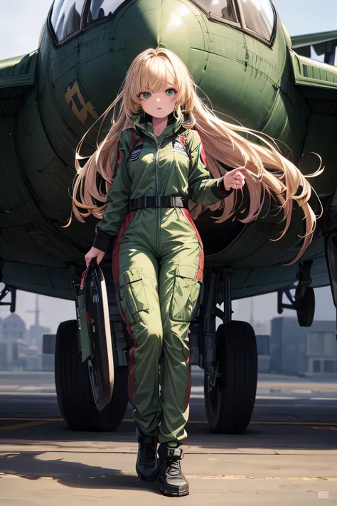 (masterpiece), best quality, expressive eyes, perfect face((best quality)), ((masterpiece)), (detailed), perfect face, airforce jumpsuit, standing, full body, front view, European, blonde, dark green uniform, jetfighter plane background,amazing sapraizz, d...