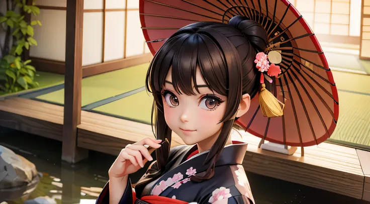 A neat and cute woman, a Japanese kimono, Japanese hairstyle, a koto, the color of the kimono is brown, a Japanese garden, ultra-realistic anime,