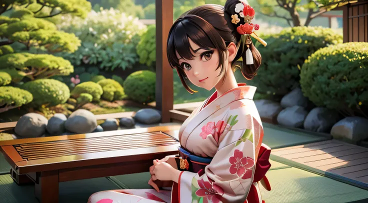 A neat and cute woman, a Japanese kimono, Japanese hairstyle, a koto, the color of the kimono is brown, a Japanese garden, ultra-realistic anime,