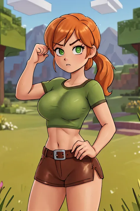 close up 1girl in, photo of Alex, Alex Minecraft, Anime style, Solo, (messy Golden copper blonde hair, short ponytail over left shoulder, thick Ginger hair, (green eyes: 1.2), (perfect clear skin, pale skin, detailed skin, large breasts, round breasts, per...