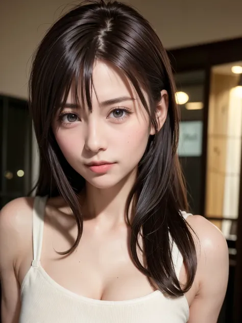 natta, Raw photography, (((Very beautiful portrait))), ((glistning skin)), 1girl in, Sexy 2 girl, Cafe Clerk、((Sauvages natural brown hair)), Gentle smile staring at the camera, ((​masterpiece, top-quality, ultra-detailliert, ciinematic light, intricate de...