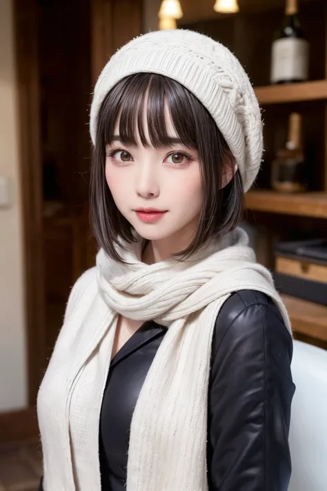 (masterpiece, Best Quality),One Girl, alone, Black-haired, scarf, Have, Realistic, Realistic, Gazing at the audience, Light-coloured black eyes, Short Brunette Bob, Brown coat, Winter clothes, White headscarf, Lips are banned, Outdoor, Mouth closed, Upper ...