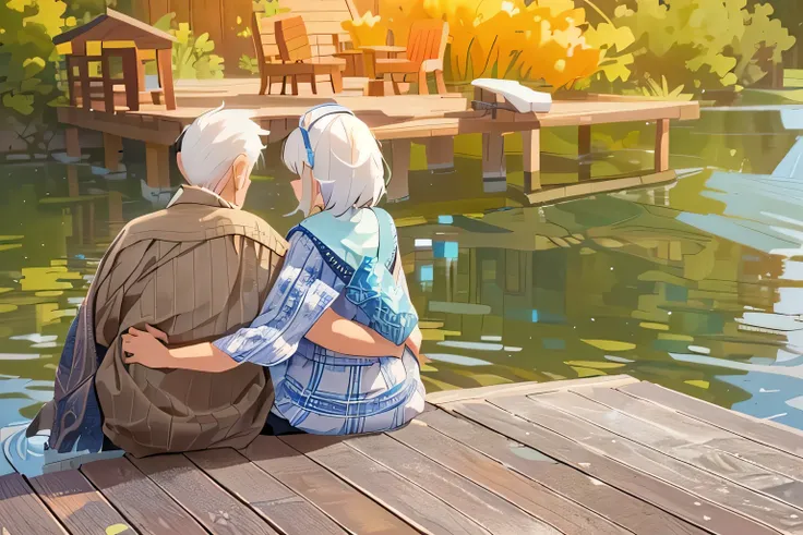 elderly couple sitting on dock looking out over water, sitting at a pond, heartwarming, sitting on a wooden dock, elderly, sitting on a wood dock, two old people, gazing at the water, beautiful image, stock photo, sitting near a river, at the waterside, sh...