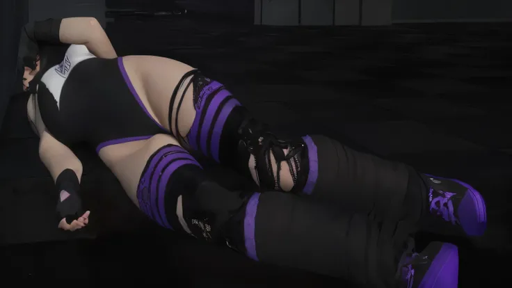 there is a woman lying on the floor with her legs crossed, detailed shot of legs up, purple and black, detailed legs hovering over you, violet and black, close up of the legs, black and violet outfit, purple and black clothes, mod de caudas de fursuit da s...