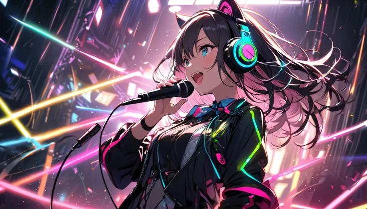 beautiful, The single-haired girl features glowing wiring. She is wearing a half-cap with headphones with cat ears. Grab the microphone, She&#39;s singing in the DJ booth.