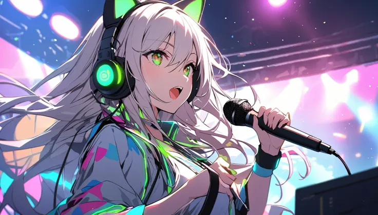 beautiful, The single-haired girl features glowing wiring. She is wearing a half-cap with headphones with cat ears. Grab the microphone, She&#39;s singing in the DJ booth.