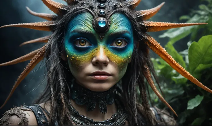 full-body-shot,fairy, Cinematic,Muted colors, Technicolor,natural skin textures,Quentin Blake Style Photography,full body shot,beggar deep niobium paladium The Alien Entity,native american cyclops with one eye in the center of the face, flawless skin, ethe...