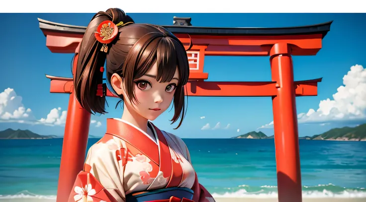 A neat and cute woman, a Japanese kimono, Japanese hairstyle, the color of the kimono is brown, the sea, a red torii gate, ultra-realistic anime,