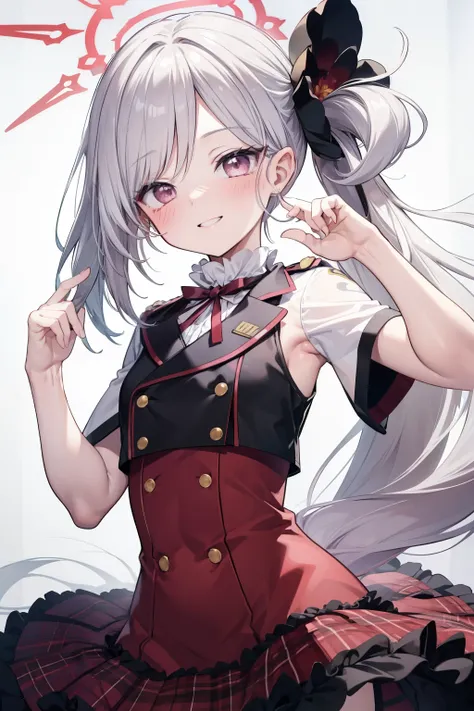 Asahi Mutsuki、Good looking girl (blush, Perfect Face), independent , Looking at the camera, masterpiece, Anime art style, Cute Characters, Most detailed, high quality、Nico Nico Smile、Show your armpits、Silver Hair、side ponytail、Small breasts、Lolita、Combat U...