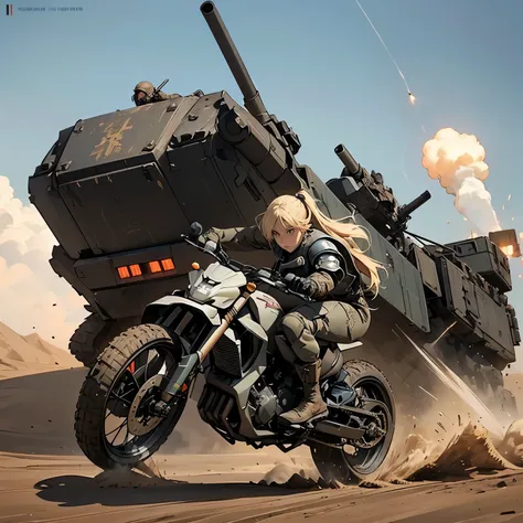 nsfw, anime screencap, 16k, perfect anatomy proportion body, perfect hands, action, A dynamic composition with a sense of speed and movement, (Ride a heavy armored off-road military motorcycle with a cannon:1.6), a wife, 40age, perfect beautiful delicate s...