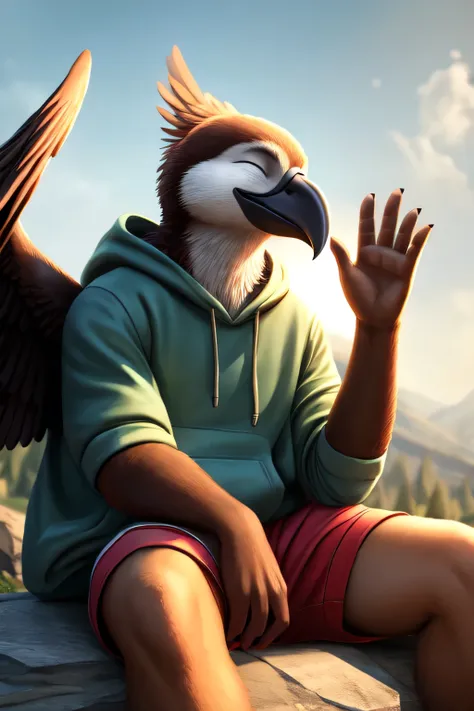  male, bird, hoody, wings, beak, smiling, waving, eyes closed, hello, male, shorts, cinematic angle,detailed facial features, detailed lighting, masterpiece, detailed, realistic, perfect anatomy, perfect shading, realistic fur, looking at viewer, front pov...