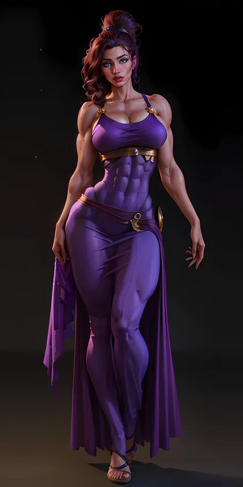 1girl, full body of beautiful megara, (((massive female bodybuilder))), ((((huge breasts)))), bare shoulders, long purple dress,...