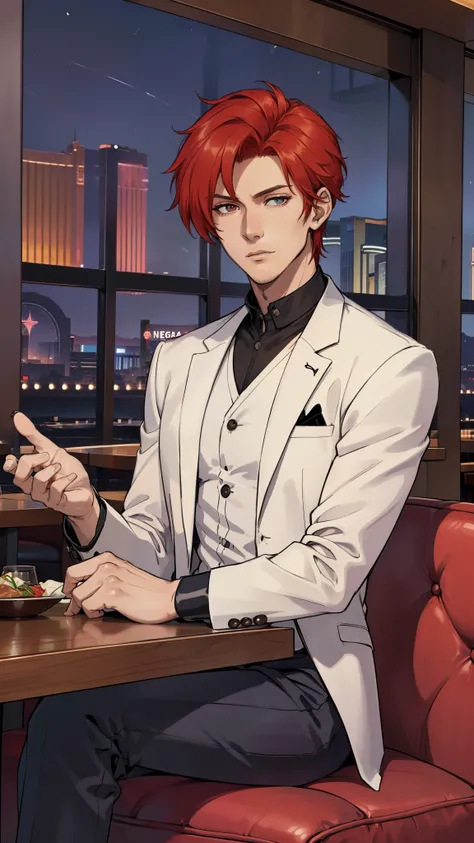 Toya, red hair, 1man, handsome man, mature man, (((sit in a restaurant, Las Vegas))), white suit, cool fashion, (((elegant man))), (((from front, night, midnight))) close up, romantic date